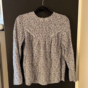 Blue and White floral  Patterned Long Sleeve Blouse